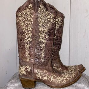 Corral Vintage Women's 8M Brown Crater Bone Embroidery Snip Toe Cowgirl Boots